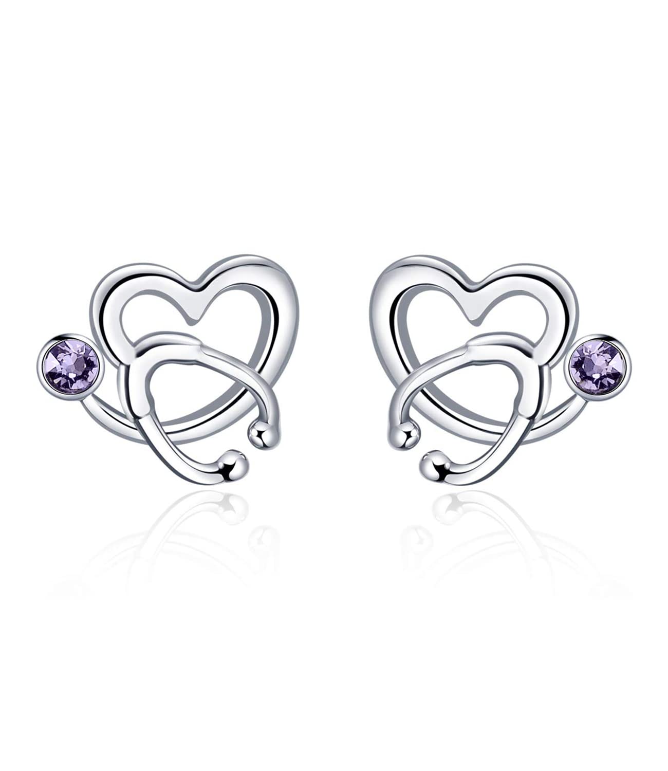 AOBOCO Sterling Silver Stethoscope Earrings Studs Heart Ear Stud Nurse Jewelry with CrystalGift for Doctor Nurse Medical Student Purple โ image 1