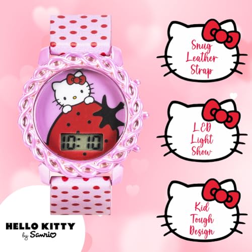 Accutime Hello Kitty Kids Digital Watch with LED Display, Pink Polka Dot PU Leather Strap, Adorable Strawberry Design, Fun Light-Up Feature, Durable & Adjustable Fit for Wrist Sizes 5.5
