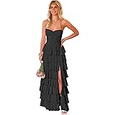 Gisntore Tiered Ruffle Bridesmaid Dresses for Women Chiffon Spaghetti Straps Prom Formal Evening Dress with Slit