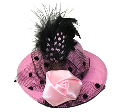 Lucore 4 Inch Mini Top Hat Hair Clip Accessory - Rose, Feather and Mesh Veil Girls Fashion Clipon Miniature Hairpin Headwear (Pink)