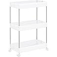 SONGMICS Slim Storage Cart, 3-Tier Rolling Cart, Narrow Utility Cart on Wheels, 6 Hooks, 360° Swivel Wheels, Lockable, Steel Frame, Bathroom, Kitchen, Office, Cloud White UKSC009W01