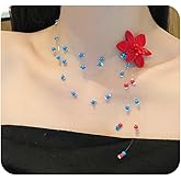 Mexegy Layered Fabric Flower Collarbone Necklace for Women,Bohemian Colored Bead Fine Chain Statement Necklace,Trendy Party Banquet Jewelry Accessories Gifts