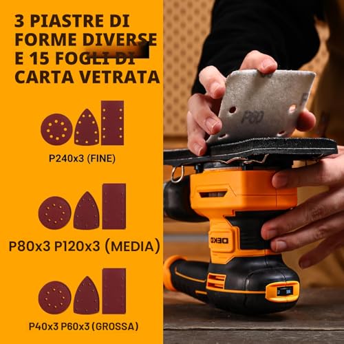 DEKOPRO 3-IN-1 Multi-Function Sander 300W 13000RPM with 15 Sandpaper Sheets 6 Speed Woodworking Accessories