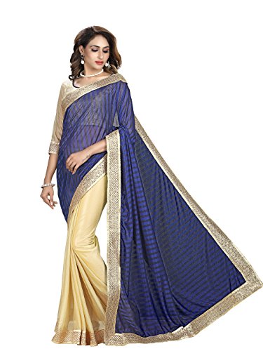 Shonaya Women's Plain Lycra Blue & Cream Half & Half Saree With Unstitched Blouse Piece