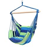 Blissun Hanging Hammock Chair, Hanging Swing Chair with Two Cushions, 34 Inch Wide Seat (Blue & Green Stripes)