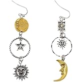 Vintage Sun Moon Star Dangle Earrings, Asymmetric Greek Mythology Drop Earrings for Women, Artistic and Unique Design