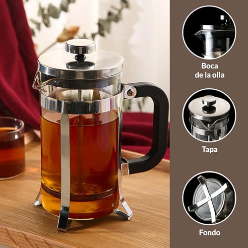 Prensa Francesa De Vidrio,Cafetera Prensa Francesa 1 Litro De Vidrio Resistente a Altas Temperaturas y Acero Inoxidable, Para Preparar Café o Tisana, Ideal Para Café Molido e Infusiones (Transparente)