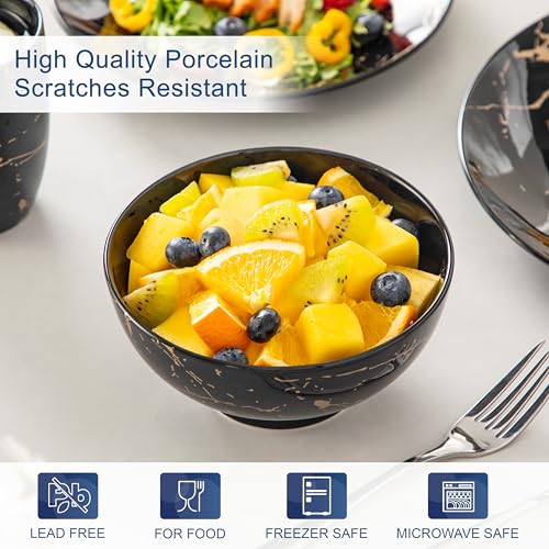 LOVECASA Daphne - 6 Person Dinner Set Plates, Modern Complete Porcelain Tableware, 24 Pieces (Flat Sides, Dessert Bowls, Cereal Bowls, Cups) - Black & Gold Design