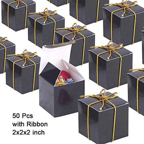 Candy Boxes Black small Gift boxes 2x2x2 inch With Ribbon,50pcs,Square paper treat boxes Party Favor Boxes for Wedding,Bridal Shower,Birthday,Baby Shower,Anniversary,Holiday Celebration Party Supplies - Thumbnail 2