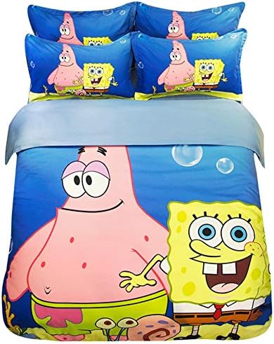 Bedding Set Anime Cartoon Kids Sponge Bob And The Big Star Duvet Cover Sets Cotton Bed 4 Pieces Home Textile Sets 1.2M/1.5M/1.8M,1.2M [Energy Class A]
