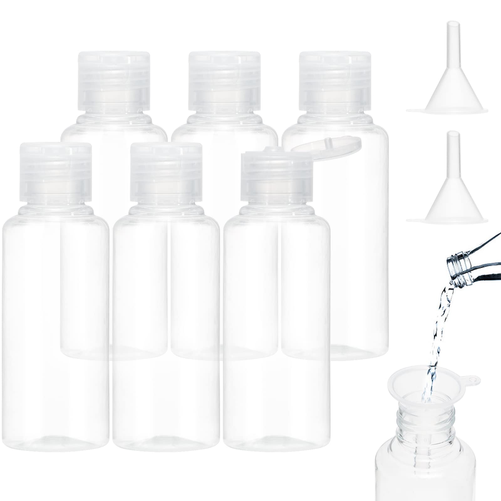 BillyBath Travel Bottles for Filling 100 ml, Pack of 6 Liquid Bottles for Filling with 2 Small Funnels, Transparent Plastic Bottles Cosmetic Bottle Shower Gel Container Bottle Set for Shampoo Lotion