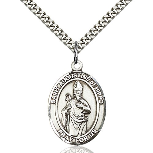 Sterling Silver St. Augustine of Hippo Pendant 1 x 3/4 inches with Heavy Curb Chain