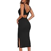 oten Women's 2026 Sexy Sleeveless Twist Backless Knitted Ribbed Side Split Bodycon Party Midi Length Dress
