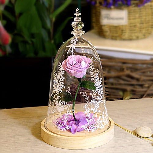 Enchanted Rose Glass Rose Forever Flower Birthday Gift with LED Light in a Glass Dome on Wooden Base,Purple Rose B