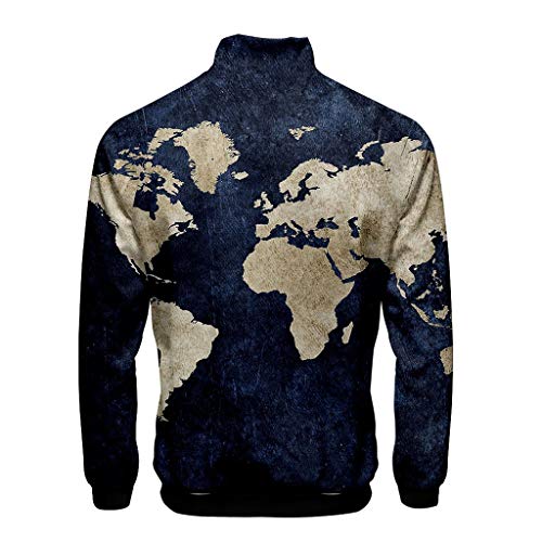 LUCAMORE Unisex Casual 3D Map Printed Long Sleeve Full Zip Jacket Standing Collar Coat Tops Sweatshirt XS-4XL Dark Blue