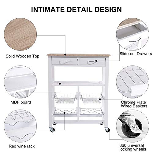 Kitchen Cart Island On Wheels,JULYFOX Kitchen Trolley Microwave Cart with Storage Drawers Shelves Red Wine Rack Solid Wood Breakfast Cart 33 inches Tall Bar Table for Small Spaces White and Oak