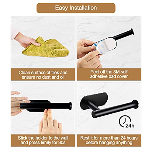 TORMAYS Toilettenpapierhalter, Klopapierhalter Ohne Bohren, Selbstklebend WC Papier Halterung + 4 Handtuchhaken, Klorollenhalter Edelstahl 304, Rollenhalter Schwarz Matt für Bad, Schlafzimmer, Küche
