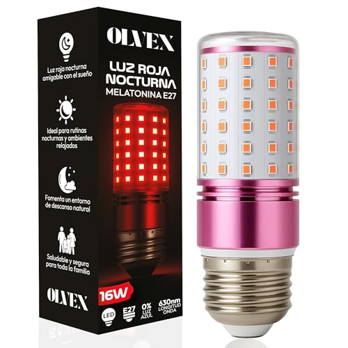 OLVEX Melatonin E27 Red Night Light – E27 Warm Light LED Bulbs – LED Bulb for Sleeping – Flicker Free Technology + 0% Blue Light – Improving the Rhythm of Rest and Ideal for Reading.