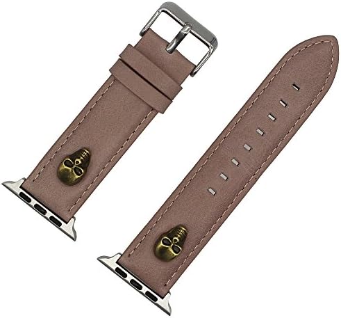 BYIA 38mm 42mm Replacement Watchband, Men's Punk Rock Collection Heavy Duty Skull Leather Strap for Apple Watch (Light brown, 38 mm)