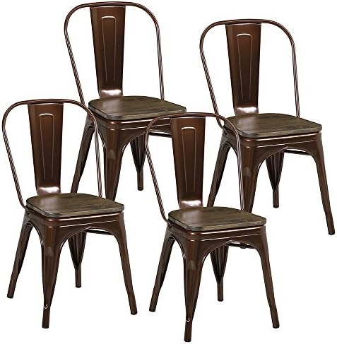 Mimo Life Metal Dining Stools Stackable Kitchen Bar Chairs, Set of 4, Bronze with Wood Top