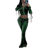 qfmqkpi Two Piece Outfits for Women Crop Top Zip Jacket and Flare Pants Set Velour Tracksuit