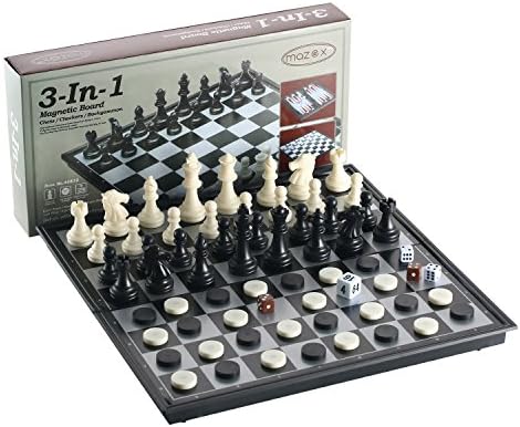 3-in-1 Folding Travel Magnetic Chess &amp; Checkers &amp; Backgammon Chess Set by MAZEX for Kids or Adults Chess Board Game 9.8X9.8X0.8 Inch(Black&amp;White Chess Pieces)