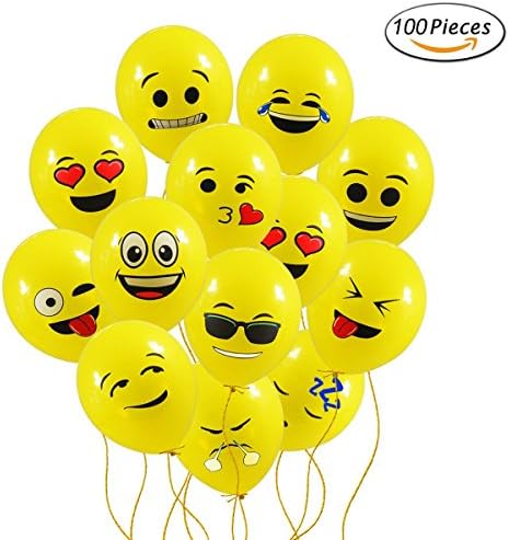 IDEASY 12 Inches Latex Emoji Smiley Face Party Balloons 100 Pieces Yellow 12 Different Funny Style