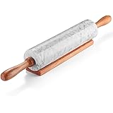 Flexzion White Marble Rolling Pin, 10-inch with Wooden Handle and Holder Base Stand, Marble Rolling Pin for Baking Pastry Piz