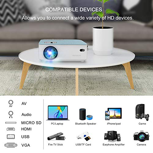 Fangor Bluetooth Projector, 1080P and 170'' Display Supported, 3600L Portable Movie Projector Mini Projector Compatible with Smartphone, TV Stick, Roku, PS4, Xbox, HDMI, VGA, TF, AV and USB