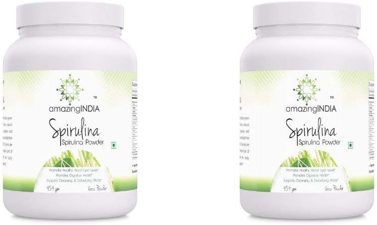 Amazing India Spirulina Powder 16 oz (454 gm) - Supports Cell Regeneration, Immune Health, Detoxification & Overall Health (Pack of 2)