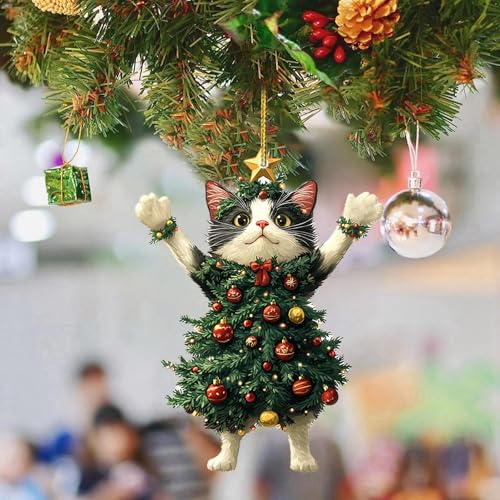 Christmas Tree Cat Ornaments, Acrylic Cute Cat Shaped Christmas Decorations, Hanging Xmas Tree Ornaments for Home, Party, Keychains, Bags, Car Rearview Mirrors, Backpacks (B)