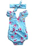 Baby Girls' Full Flower Print Buttons Ruffles Romper Bodysuit with Headband (70(0-6M), Blue(with headband))