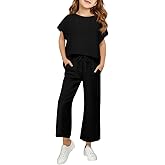 APWEQATA Girls Outfits Drop Sleeve Shirts & Drawstring Wide Leg Pants Sets Lightweight Kids Sweatsuits With Pockets Size 5-14