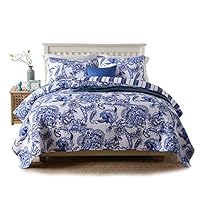 PERYOUN Pure Cotton 3-Piece Quilt Set, Blue Flower Print Bedspread Set, Coverlet Bed-Cover, Queen Size