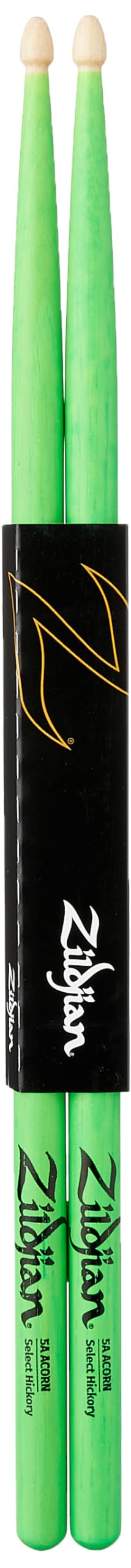 Zildjian Z5AACDGG 5A Hickory Drumsticks - Wood Acorn Tip - Neon Green