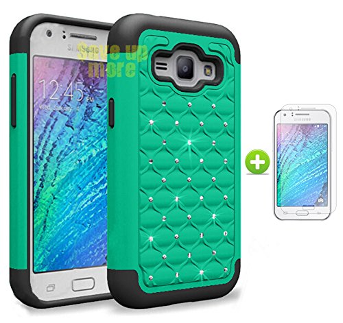 Galaxy J1 Case , Galaxy J1 Rhinestone Bling Armor Case Cover, Bling Crystal Rugged Rubber Hard Hybrid Dual Layer [Non-Slip] [Drop Protection] [Shock-Absorption] [Impact Resistant] Case Cover For Samsung Galaxy J1 + Free Screen Protector (Teal)