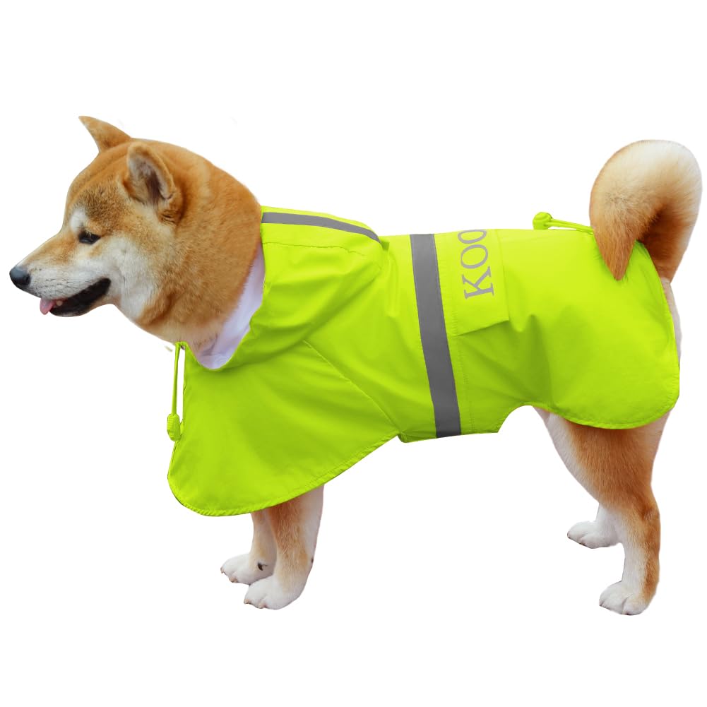KOOGAL Waterproof Dog Raincoat with Hood Reflective Design with Leash Hole, Adjustable Reflective Jacket, Big Dog Rain Poncho, Breathable and Lightweight, for Corgi Dachshund (Fluorescent Green, 2XL)