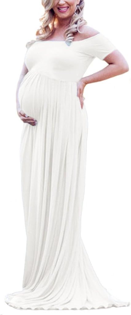 Maternity Off The Shoulder Maxi Gown Short Sleeve Baby Shower Dress for Photo Shoot (L, White)