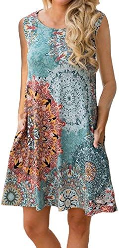 Tanst SkyWomen Summer Sleeveless Damask Print T-Shirt Dress with Pockets(S-3XL)