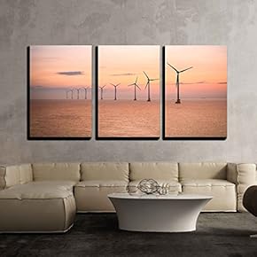 3 Piece Canvas Wall Art - Offshore Wind Farm at Dusk in The East China sea. - Modern Home Art Stretched and Framed Ready to Hang - 16"x24"x3 Panels