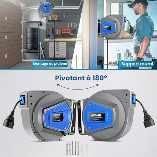 Himimi Automatik Kabeltrommel 15 m + 1 m 1500 W ~ 3000 W Kabelaufroller Automatisch Stromtrommel Schlauchaufroller, Verlängerungskabel außen Wandmontage Überlastschutz, Wand Deckenmontage 180° drehbar