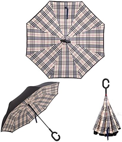 YoCozy Windproof Double Layer Inverted Umbrella with C-Shaped Handle, Anti-UV Windproof Straight Umbrella for Car Rain Outdoor Use (Plaid)