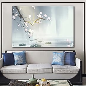 Canvas Wall Art - Chinese Ink Painting Style Landscape with Pink Magnolia Blossom Above a Pond - Giclee Print Gallery Wrap Modern Home Art Ready to Hang - 12x18 inches
