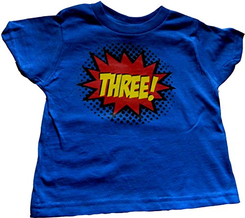 Custom Kingdom Little Boys' Three Superhero Colorful Third Birthday T-Shirt (4T, Royal Blue)