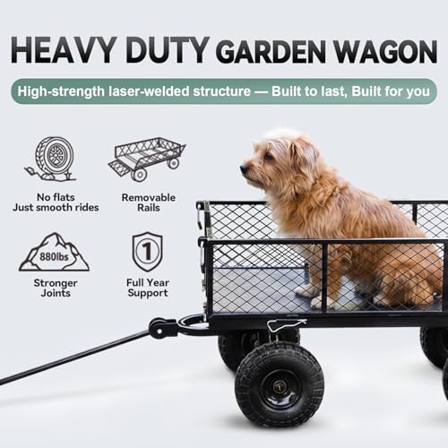 HEAHOLD Garden Wagon Cart Heavy Duty 880 LBS Steel Utility Cart with All-Terrains 3.50-4" Solid Wheels 10" Tires, 180° Rotating Handle, Removable Sides, Laser-Welded Frame & Multi-Surface