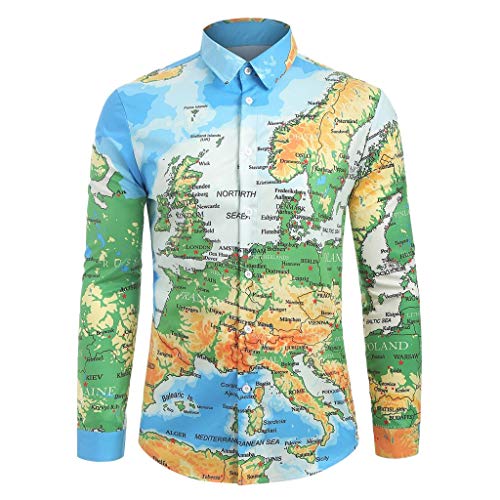 Allywit Fashion Men's Casual World Map 3D Print O-Neck Long Sleeve T-Shirt Tops Blouses Big and Tall