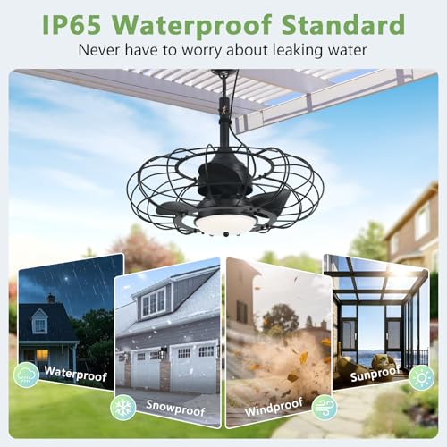 AHAWILL 20" Black Outdoor Ceiling Fan with Light and Remote/APP,3CCT 6 Speed Gazebo Fan Outdoor Hanging Hook,IP65 Waterproof Plug in Ceiling Fan for Patios, Garage, Porch, Pergola,Canopy