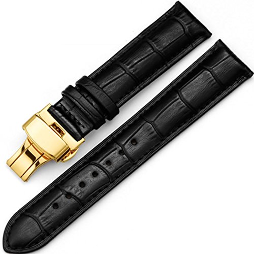 Raylans 14-24mm Genuine Leather Watch Band Replacement Steel Deployant Clasps Watch Strap Black 1# 16mm