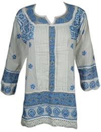 Mogul Womens Resort Wear Tunic Dress Cotton White Blue Coverup Embroidered Blouse