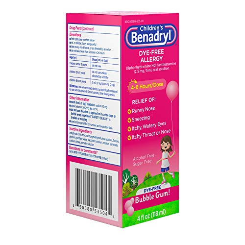 CHILDREN’S BENADRYL DYE-FREE ALLERGY RELIEF LIQUID + 12.5 MG DIPHENHYDRAMINE HCL, ANTIHISTAMINE ALLERGY MEDICINE FOR KIDS HELPS RELIEVE RUNNY NOSE & SNEEZING, BUBBLE GUM FLAVOR, 4 FL. OZ